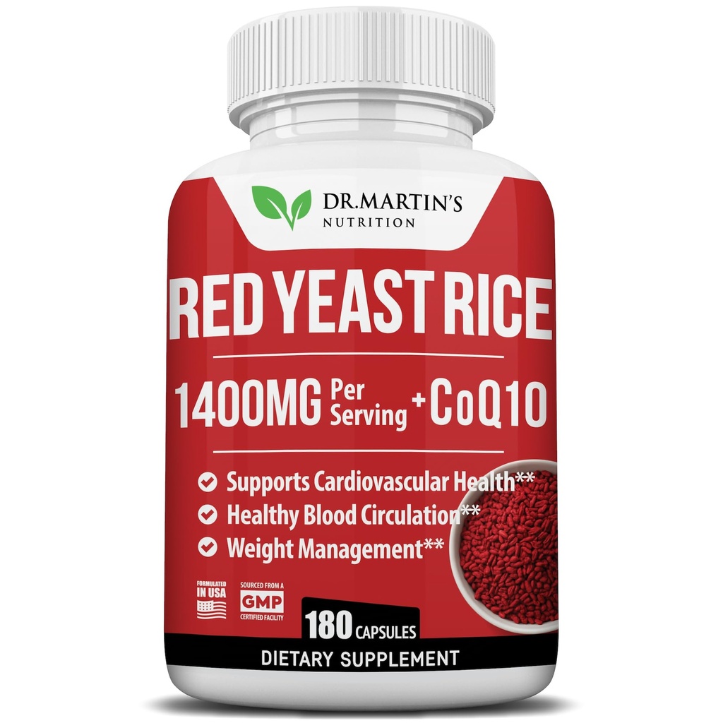 Red Yeast Rice Extract 1400mg Supplement 180 Count | 건강한 콜레스테롤 레벨 유지 | 건강한 심장, 소화, 체중 관리 및 전반적인 건강을 위한 심장 혈관 및 혈액 순환 지원