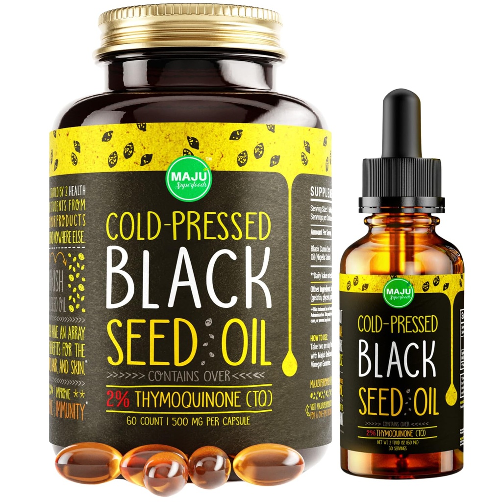 Maju Superfoods 검정씨 기름 2개 oz와 까만씨 기름 캡슐 뭉치