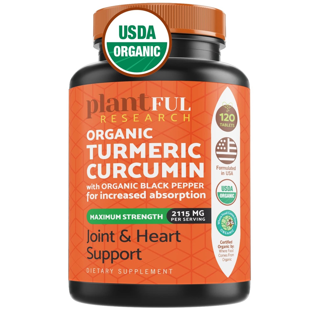 Black Pepper Highest Potency USDA 인증을 가진 유기 심황 보충교재 [Non-GMO 유기 Curcumin 2115mg] 산화 방지제 합동 & 면역 지원 120 정제