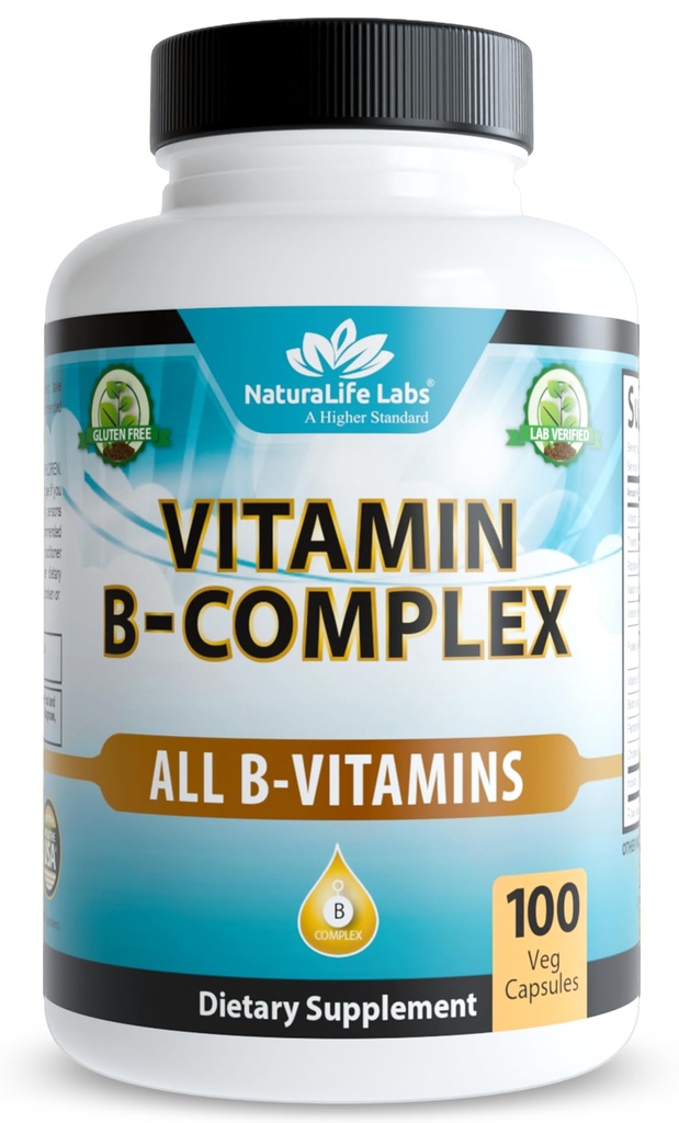 NaturaLife Labs 비타민 B 복합 비타민 C & Folic 산 - B1, B2, B3, B5, B6, B7, B9 & B12 포함 - 100 캡슐, 비 GMO, 글루텐 무료