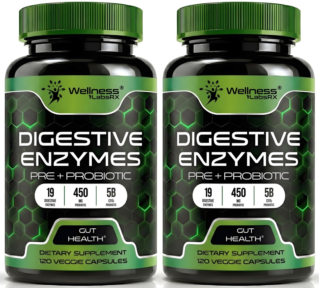 Probiotics 및 Prebiotics가있는 소화 효소, 450mg, 5 억 CFUs - 순수 슈퍼 소화 캡슐 - 여성 및 남성 지원 소화 및 Gut 건강을위한 소화 효소 - 120 개 (팩 2)