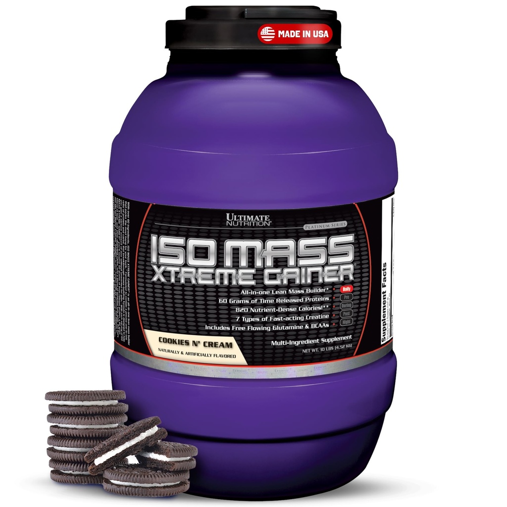 Ultimate Nutrition ISO Mass Xtreme Gainer - Creatine & Whey Isolate Protein Powder와 높은 칼로리 대량 Gainer, Lean Muscle Mass, 대량 보충 - 쿠키 N 크림, 10lbs