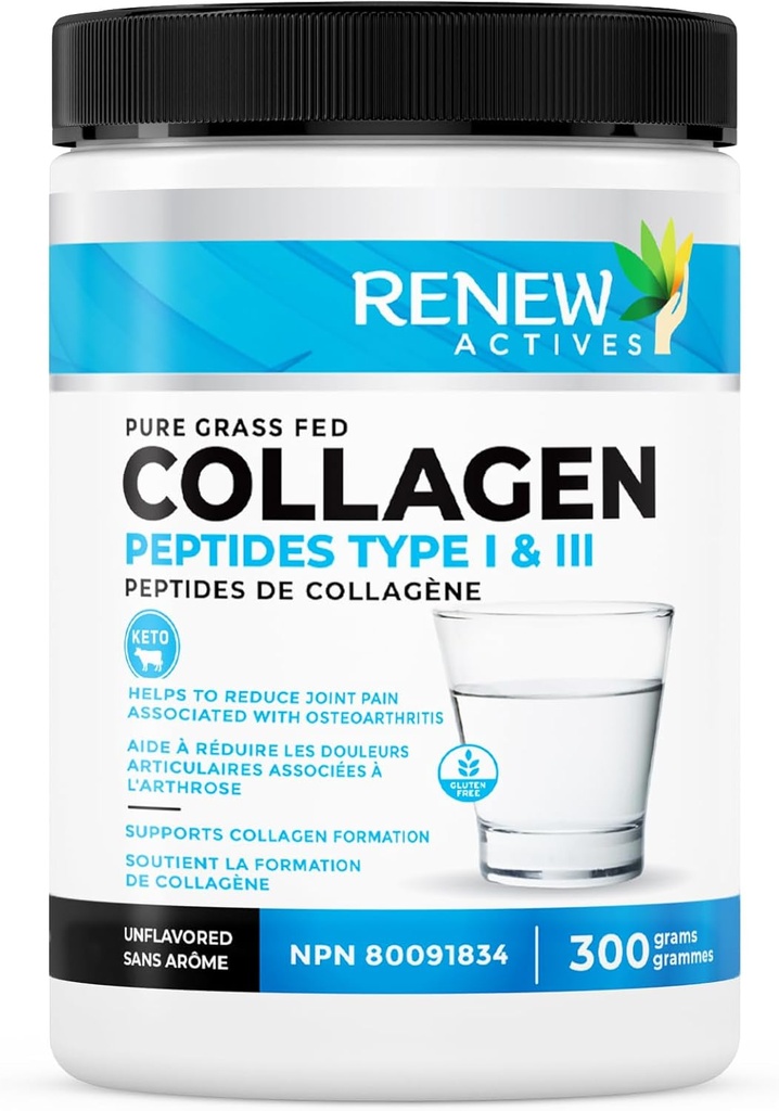 Renew Actives Hydrolyzed Collagen Peptides Powder 10G per 서빙 – 피부, 관절 및 머리를위한 프리미엄 잔디 볶음 콜라겐 – 9.4g Protein – 콜라겐 형성 및 근육 회복 지원 – 캐나다에서 만든