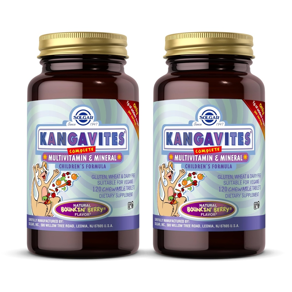 Solgar Kangavites, Bouncin' Berry 맛 - 120 Chewable Tablets, Pack of 2 - 어린이를위한 멀티비타민 및 미네랄 포뮬러 - Vegan, 글루텐 무료