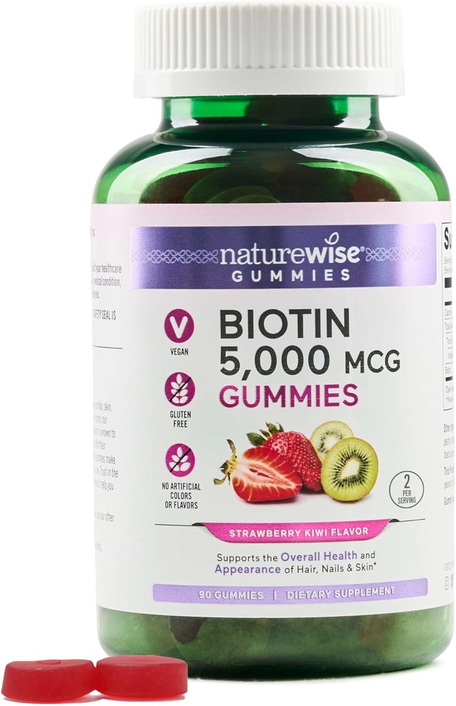 NatureWise Biotin Gummies - 건강한 머리, 피부 및 강한 손톱 지원 - 비타민 B7 5000mcg - 자연 아름다움 - Strawberry-Kiwi 맛 - Vegan, Non-GMO, 글루텐 무료 - 90 Count[45 Day Supply]