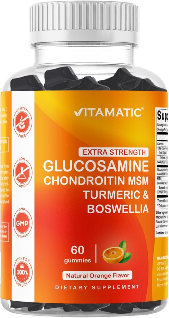 Vitamatic 여분 힘 Glucosamine Chondroitin Gummies MSM, Turmeric & Boswellia – 60 Pectin 기초 Gummies 진보된 합동 지원 공식 – 설탕 자유로운, 비 GMO, 젤라틴 자유로운