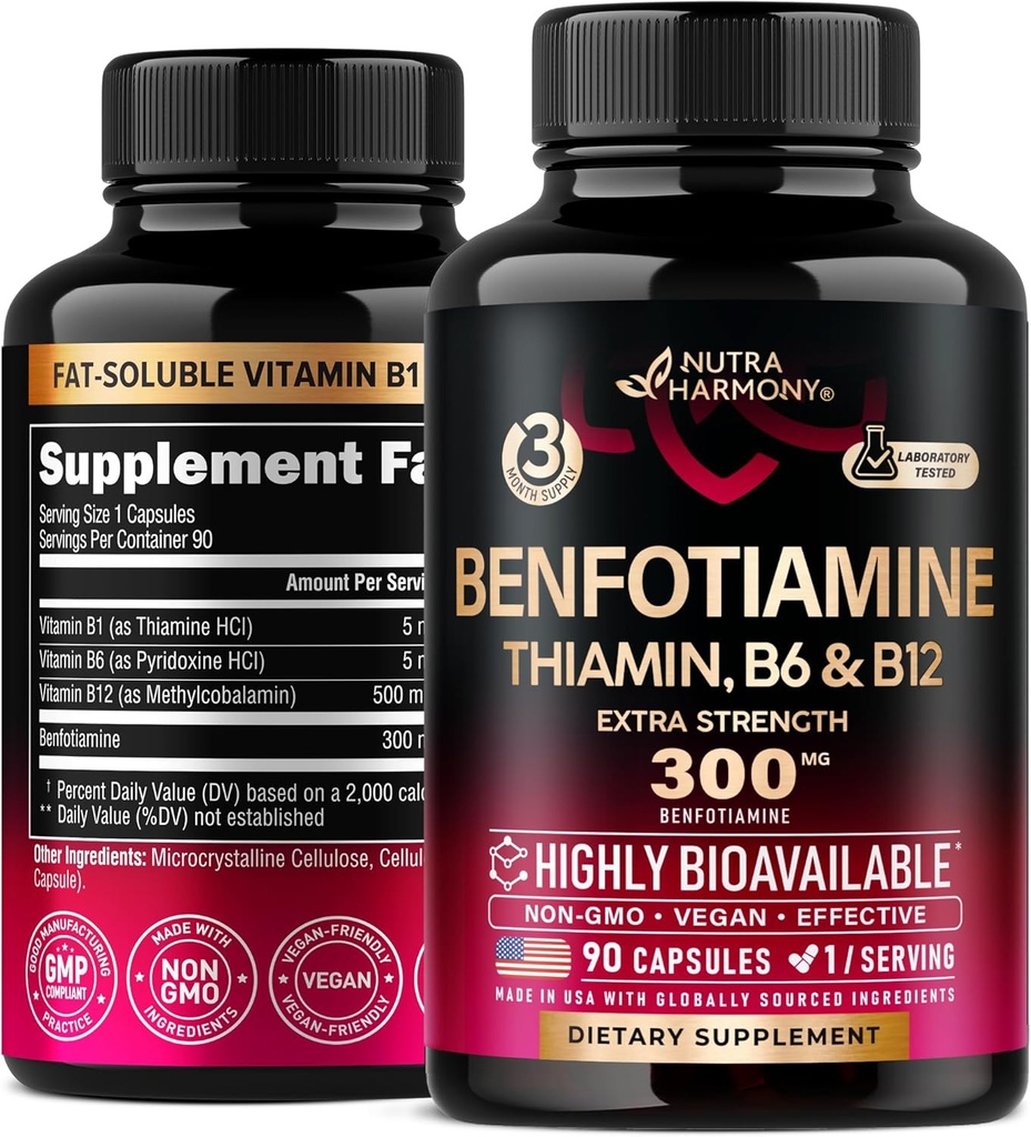 Benfotiamine 300 mg - Nerve 지원, 에너지 및 대사 지원 - Benfotiamine 보충교재 지방 수용성 비타민 B1 - 높게 Bioavailable & 흡수 가능 - Thiamin, 비타민 B12 & B6 - 90의 캡슐에 넣기