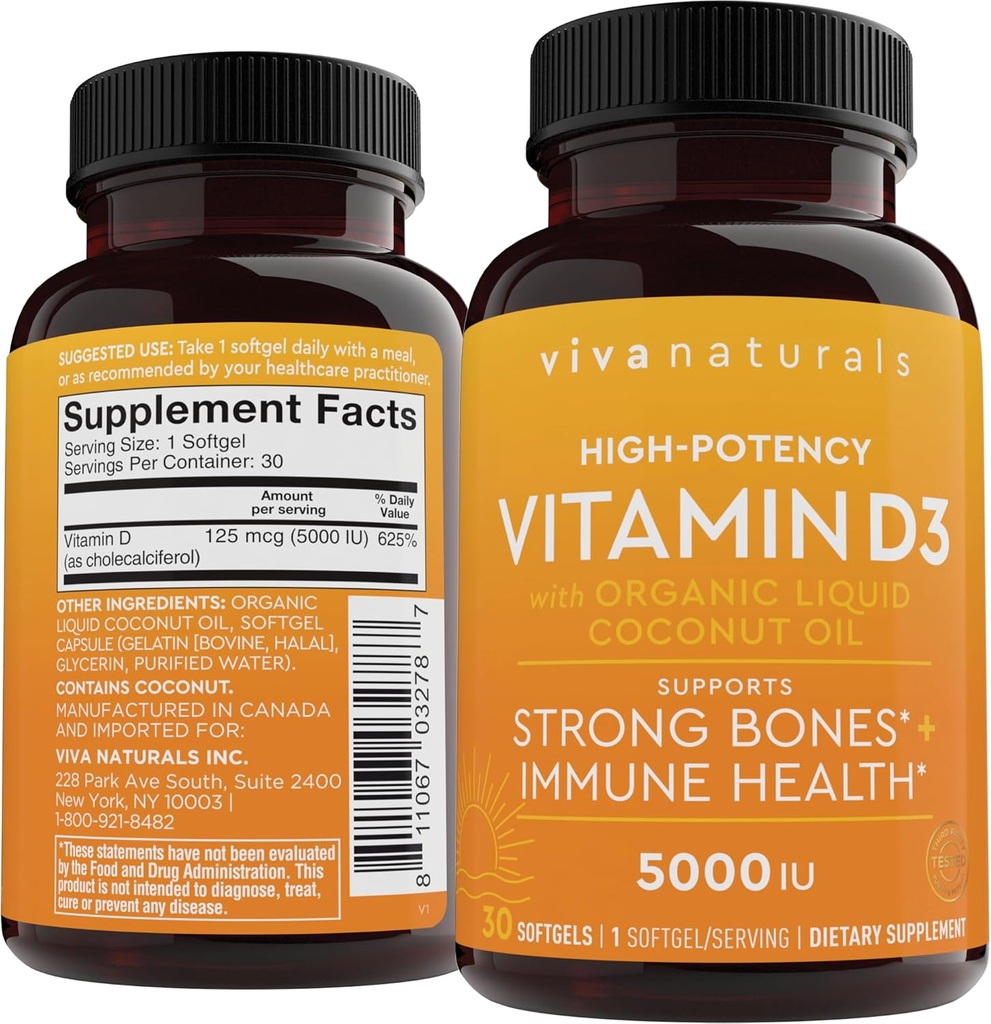 D3 비타민 5000 IU Softgels (125 mcg), 30 Softgels - 건강한 면역 기능을 위한 높은 힘 비타민 D 보충교재, 뼈 & 근육 - 유기 액체 코코넛 기름으로 만드는