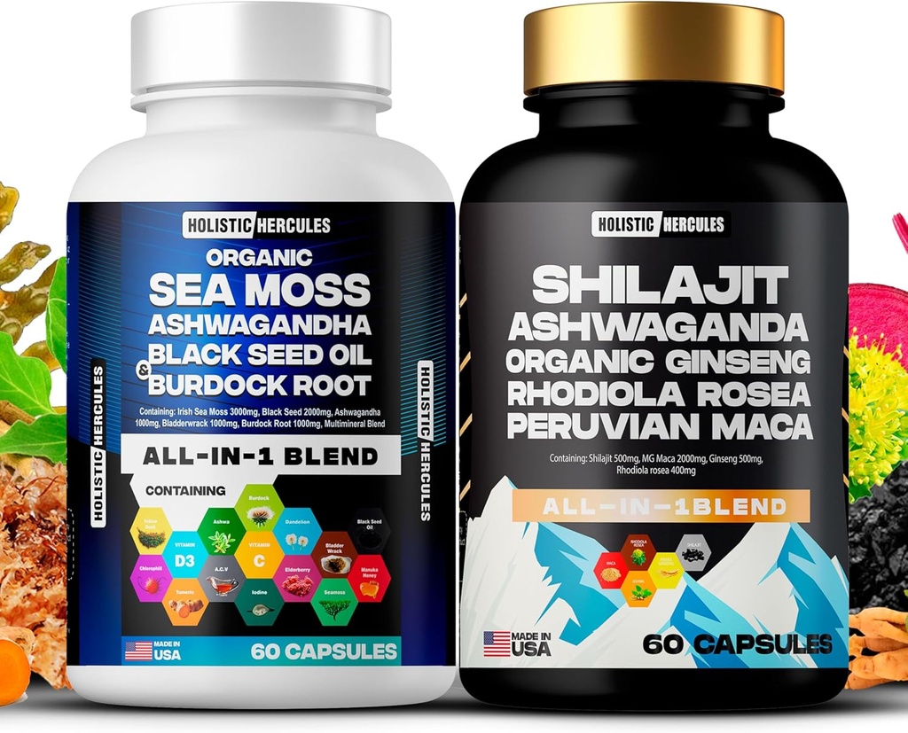 Holistic Hercules 고전적인 결합 뭉치 - 바다 Moss 3000mg의 까만씨 2000mg의 Ashwagandha 1000mg의 Shilajit 5000mg의 Panax Ginseng 1500mg의 페루 Maca 2000mg의 1개의 보충교재 팩에서 모두