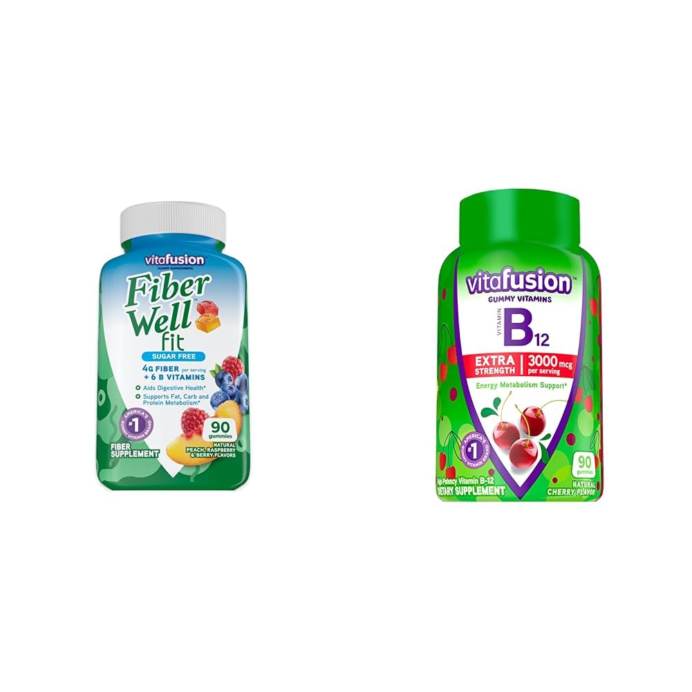 Vitafusion Fiber Well Fit Gummies Supplement, 90 카운트 (패키지 May Vary) 및 에너지 대사 지원을위한 추가 강도 비타민 B12 거미 비타민