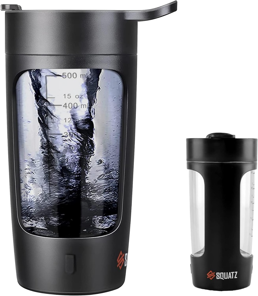 SQUATZ 22 Oz 전기 셰이커 병 - 충전식 자동 단백질 쉐이크 블렌더 플라스크, 누출 방지 및 청소, 15 초에 부드러운 음료, 체육관 쉐이크, 커피, 밀크 쉐이크 (블랙)에 이상적인
