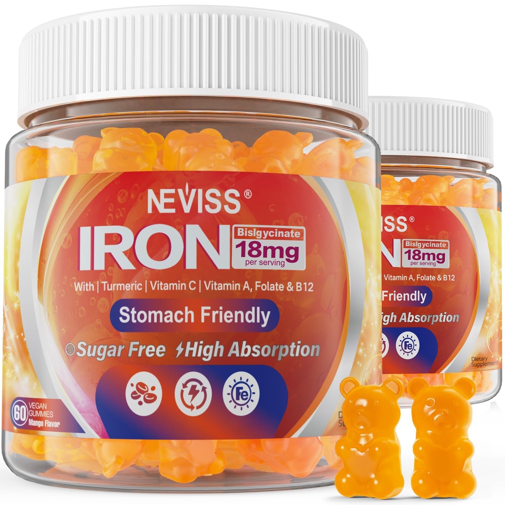 Vegan Iron Gummies는 비타민 C, B12, Folate & Turmeric로 보충합니다 - 에너지 및 면역 건강 | Gummy Iron Bisglycinate 18mg Gentle & Non-Constipating - 여성 및 남성, 2 팩