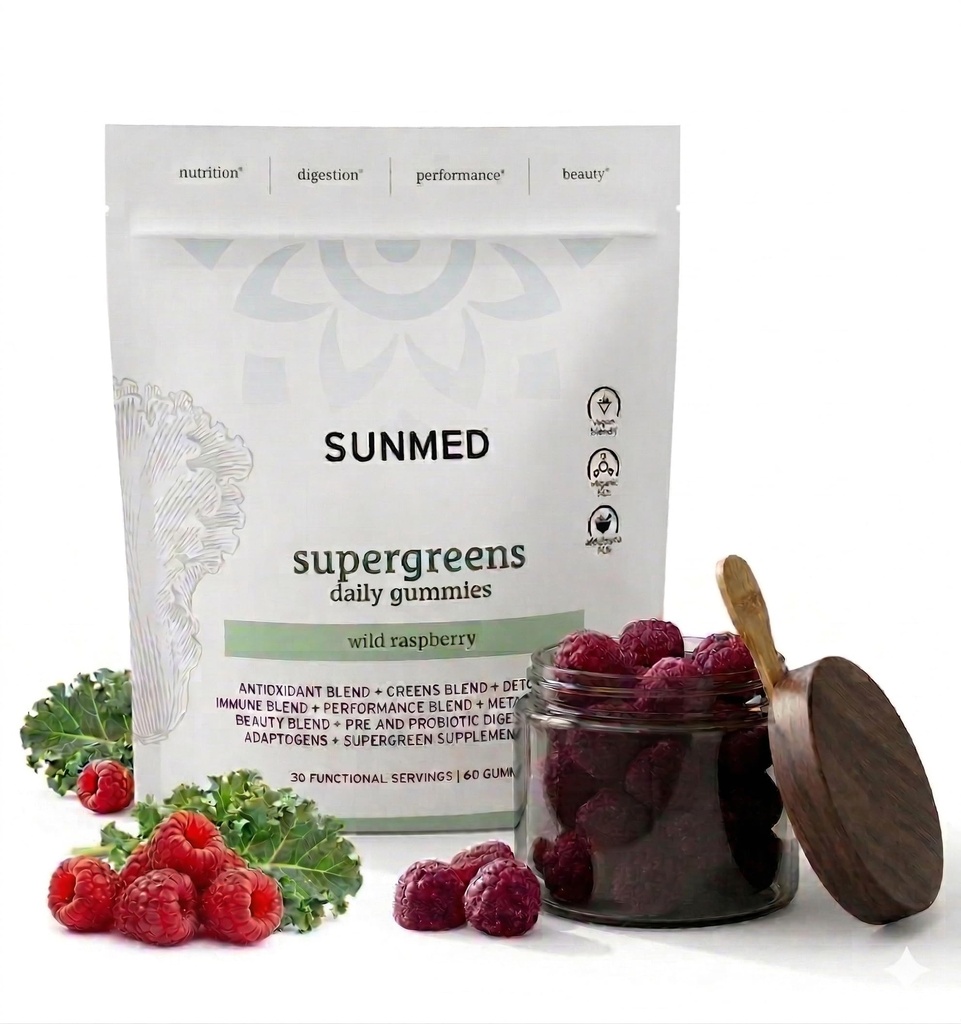 SUNMED Supergreens Daily Gummies – Ashwagandha, Green Tea, Spirulina, Probiotics, Antioxidants & Detox 지원, Gut, Skin & Brain Health | 와일드 라즈베리, 60ct