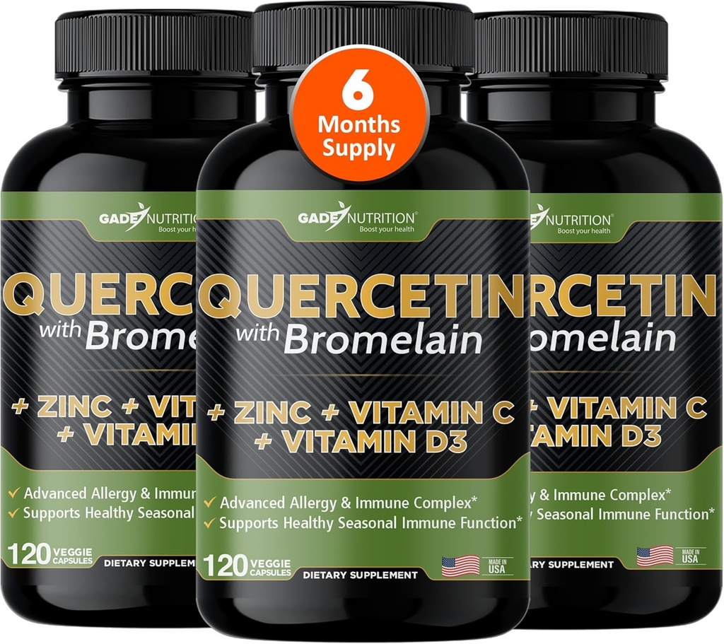 비타민 C와 아연을 가진 Gade 영양 Quercetin - Quercetin 500mg - Bromelain를 가진 Quercetin - 아연 Quercetin 보충교재 + 비타민 D3 (비 GMO, 글루텐 자유로운, 채식주의자) - 6 달 공급