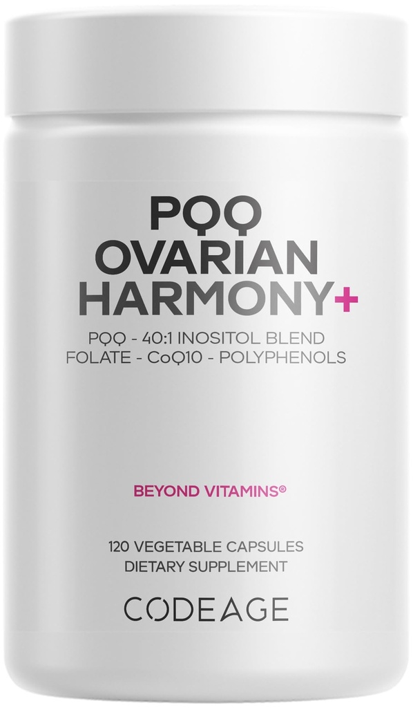 Codeage PQQ Ovarian Harmony+ 보충교재 - PQQ (Pyrroloquinoline Quinone), Myo-Inositol & D-Chiro-Inositol 40:1 혼합, Folate 5-MTHF, CoQ10, Wild Blueberry - Liposomal 납품 - 비 GMO - 120의 캡슐