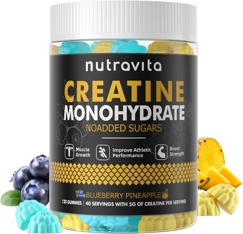 Nutravita Creatine Monohydrate Gummies for Men & Women-5g of Creatine Monohydrate per 서빙 - 설탕 무료, 채식, 블루 베리 파인애플 맛, 120 개