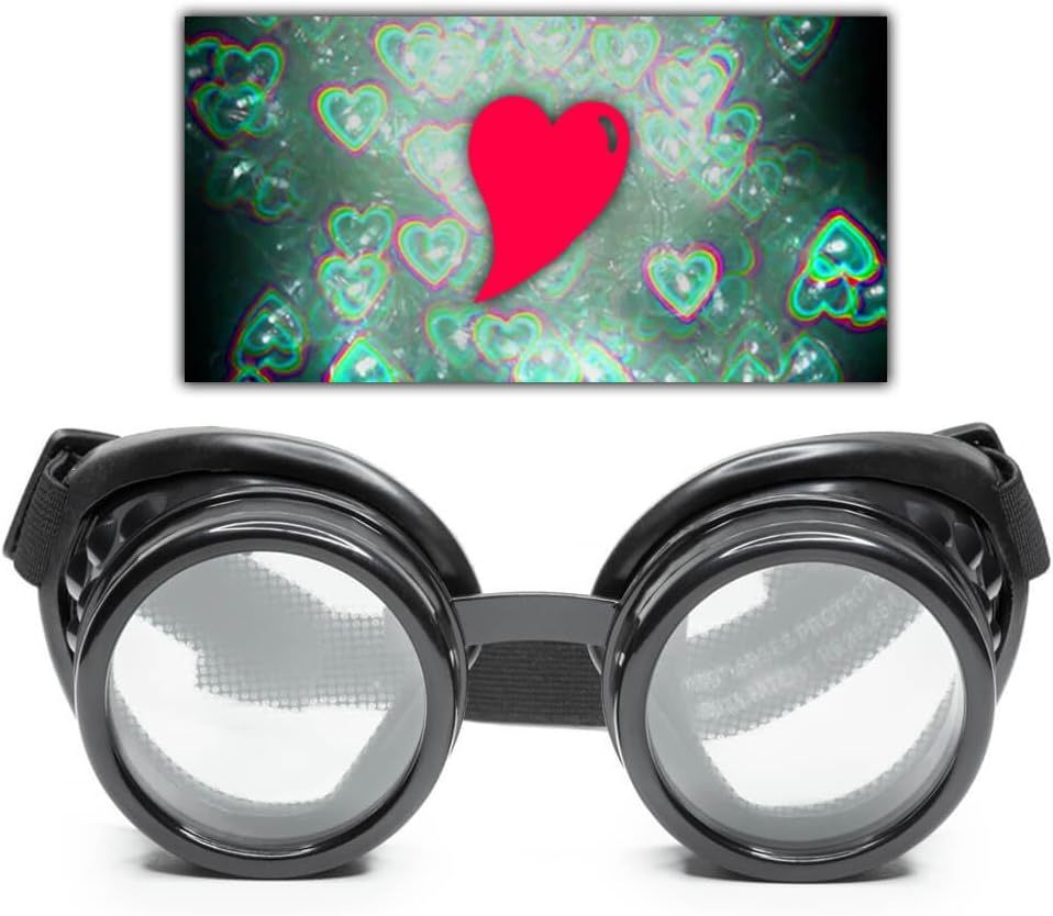 GloFX Black Heart Effect Diffraction Goggles - 심장을 참조하십시오 - 3D 홀로그램 비주얼 Edm Rave Outfit Steampunk Costume Cosplay Music Festival Essential