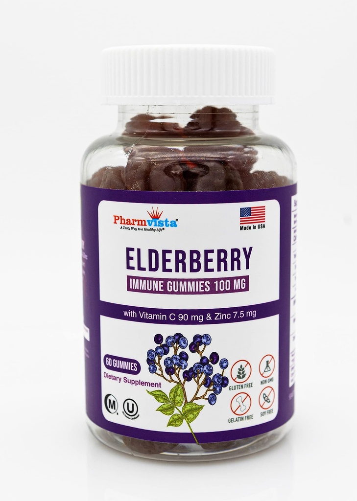 Elderberry Gummies 100mg 비타민 C와 아연 - 면역 지원, 7% Anthoycyanin과 글루텐 무료 Gummies - 60 조사