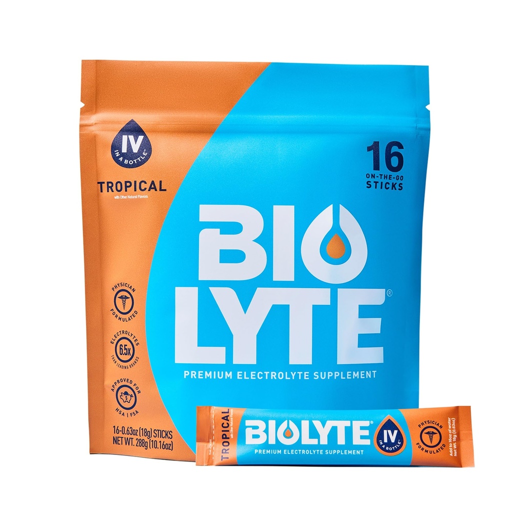 BIOLYTE IV Electrolyte 분말 패킷, 물, 의사 개발 된 히드라 션, HSA 및 FSA 승인 탈수 완화, 치모 요법은 여성 및 남성을위한 필요 - 열대 (16 스틱)
