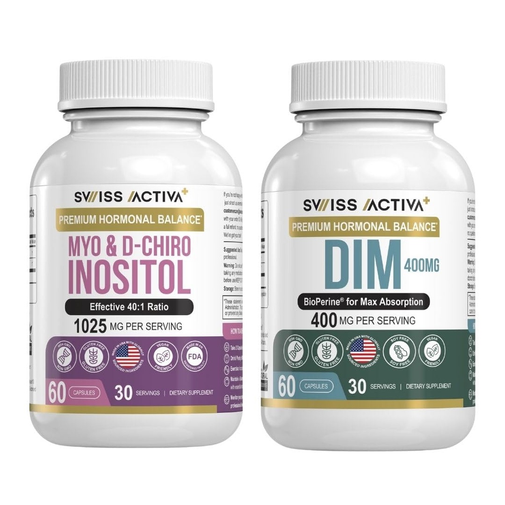 스위스 Activa+ DIM & Myo-Inositol 번들 - 여성 호르몬 밸런스 및 PCOS 지원 - Menstrual Cycle, Mood, 에스트로겐 및 Ovarian Health - 60 일 공급