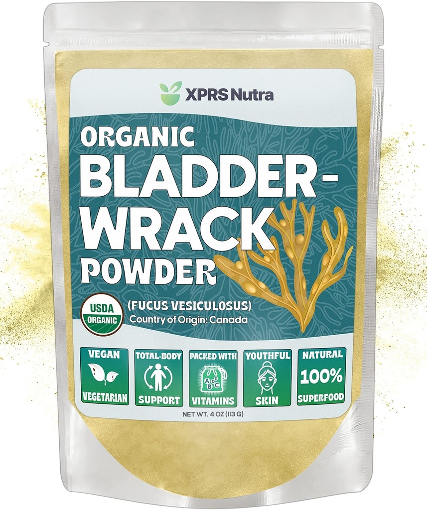 XPRS Nutra 유기 Bladderwrack 분말 (Fucus Vesiculosus) - Glowing 피부를위한 프리미엄 Bladderwrack 유기 분말 - Vegan 친절한 Bladderwrack 허브 면역 보충 (4 Ounce)