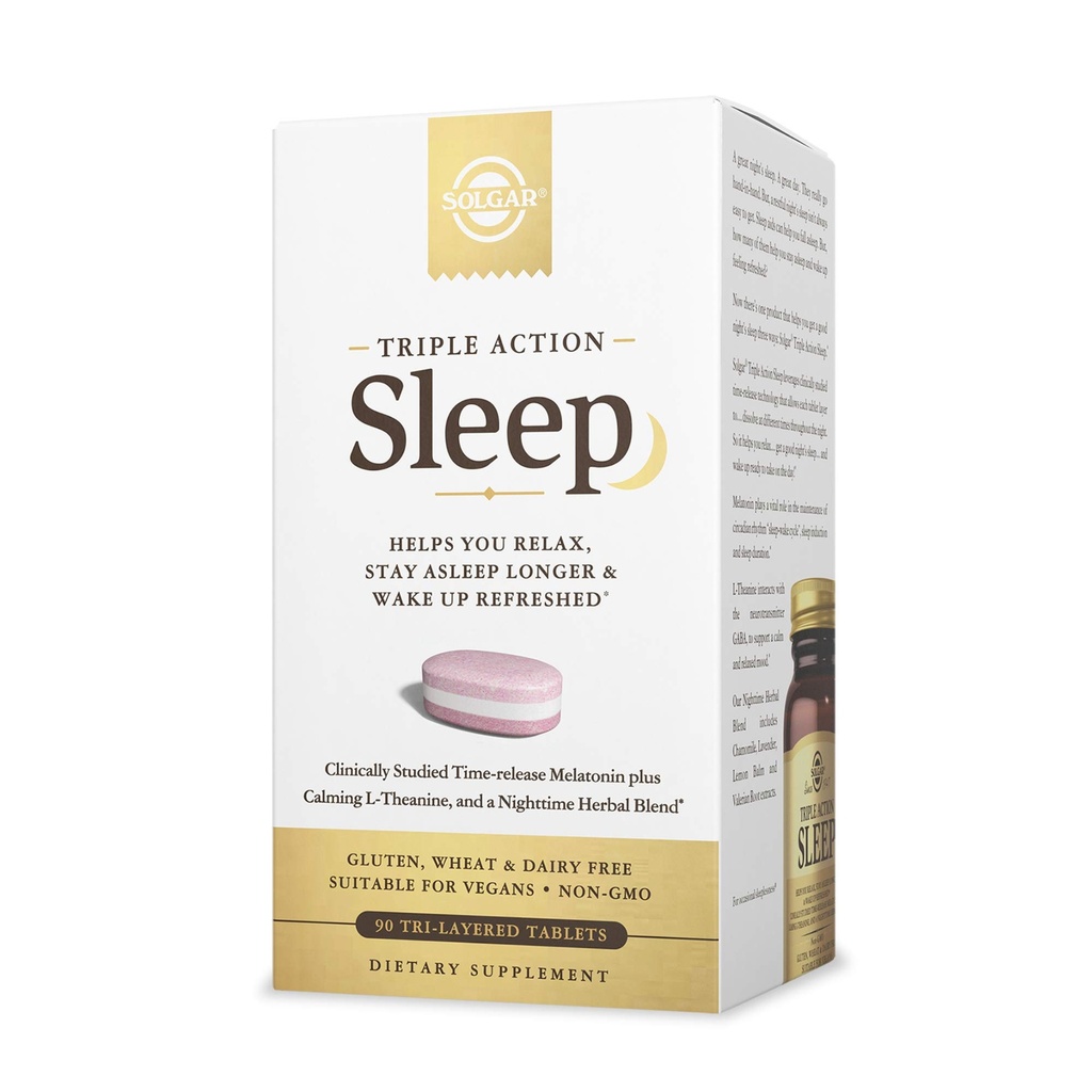 Solgar Triple Action Sleep, 90 Tri-Layer Tablets - Time-Release Melatonin & L-Theanine Plus Herbal Blend - 당신이 휴식을 취할 수있는 도움말 - Non-GMO, 글루텐 무료 - 90 서빙