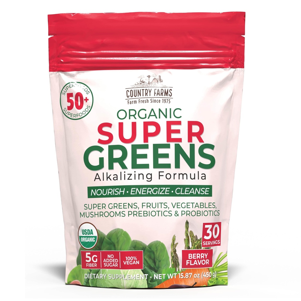 국가 농장 슈퍼 그린 베리 맛, 50 유기 슈퍼 푸드, USDA 유기 음료 혼합 (열 잔디, Spirulina, Chlorella) Mushrooms & Probiotics, 섬유, Gut 건강, 자연 에너지, 30 서빙