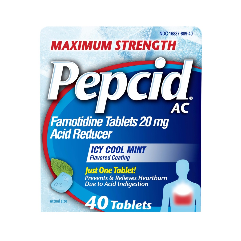 Pepcid AC 최대 힘 Heartburn 기복 정제, OTC 약은 산 Indigestion & Sour Stomach, 20mg Famotidine 산성 흡진기, ICY 차가운 Mint, 40 ct 때문에 Heartburn를 방지합니다