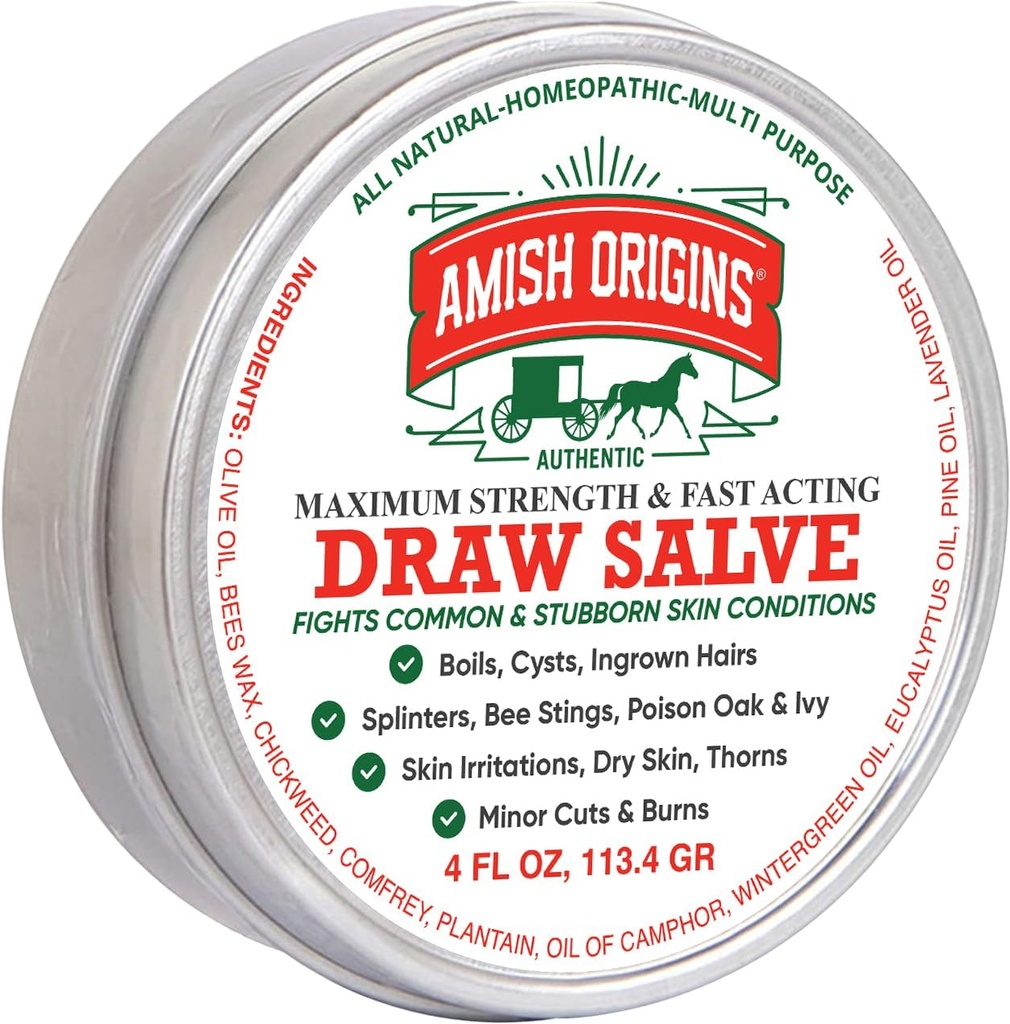 Amish Origins Drawing Salve Ointment, 4 oz Max Strength Fast Acting Draw Salve for Splinters, Boil, Bee Stings, Cyst, Anti Itch Cream, 미국