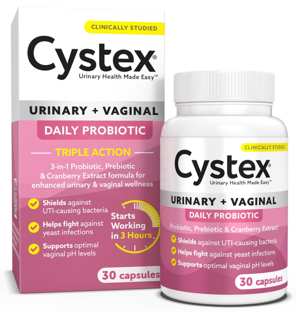 Cystex 3-in-1 여성을 위한 Urinary Tract Probiotic - Prebiotics, Probiotics, & Cranberry를 가진 빠른 행동 UTI & 효모 감염 지원 - 질 PH & Flora 균형 - 30의 캡슐을 지원합니다