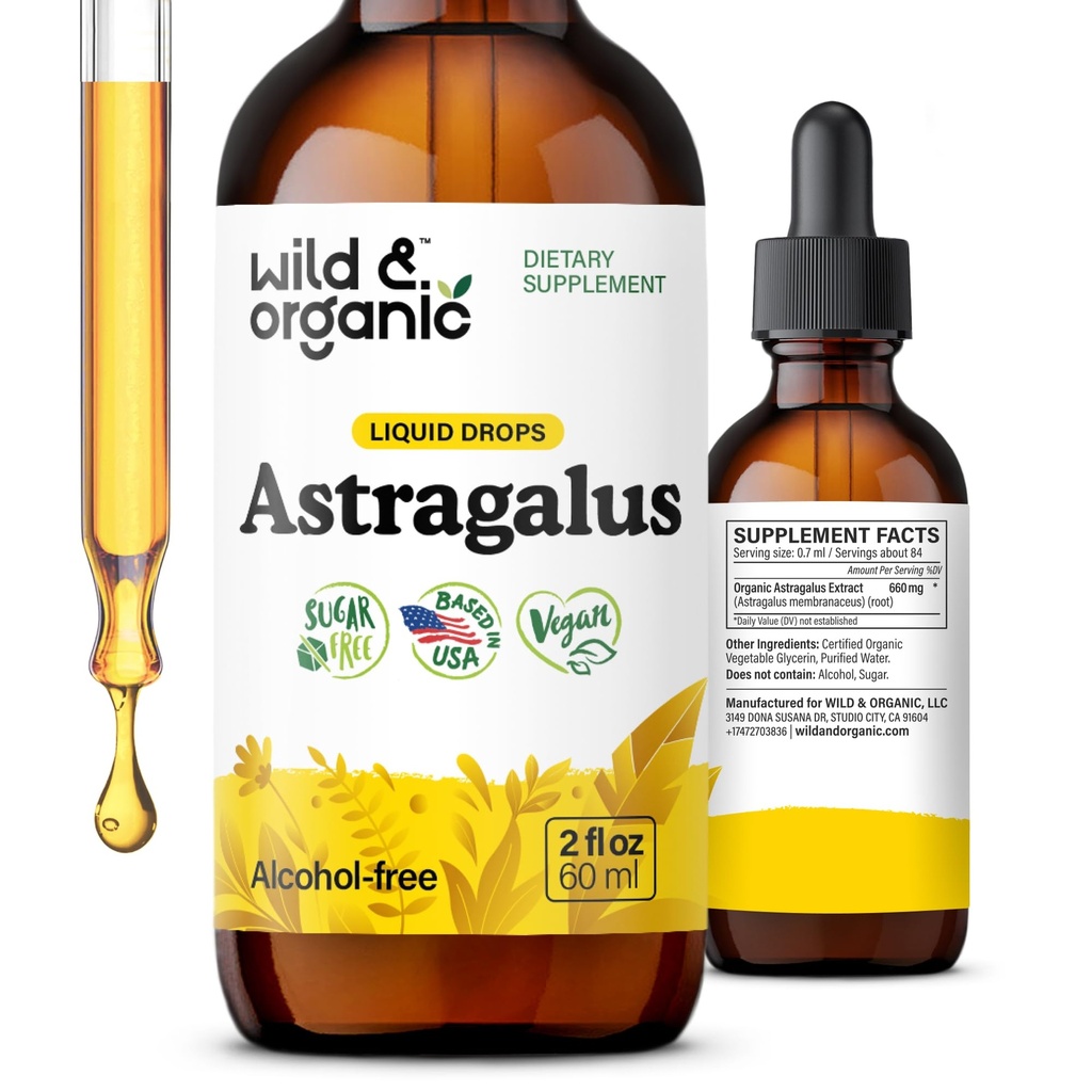 Wild & Organic Astragalus Tincture - Immune Support Drops w/Astragalus Root Extract - Calmness & Relaxation을위한 초본 보충 - Vegan, Sugar & Alcohol Free - 2 fl oz