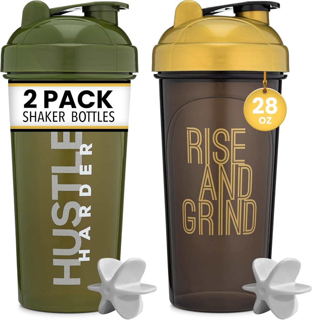 [2 팩] 28oz Shaker Bottle with Motivational Quotes (Black/Gold & Moss) | 믹서 교반기를 가진 단백질 셰이커 병 | 단백질 혼합기 셰이커 Bottle for Protein Mixes Pack은 BPA Free and Dishwasher Safe