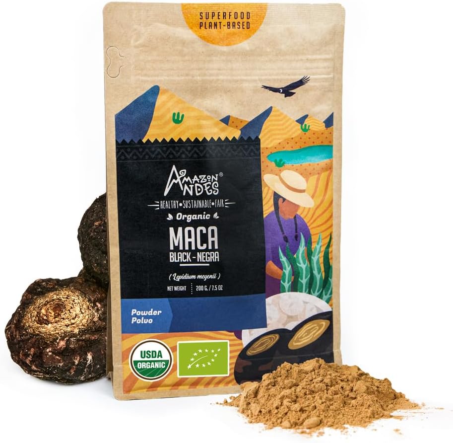 Andes Black Maca Root Powder (Lepidium meyenii) - Carbohydrates & Minerals - Adaptogen superfood & Health Promoter - Gelatinized, Vegan, Non-GMO & Allegen-free - 7 Ounce (40 서빙)