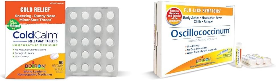 Boiron ColdCalm Tablets for Relief of Common Cold Symptoms such as Sneezing & Oscillococcinum for Relief from Flu-Like Symptoms of Body Aches, Headache, Fever, Chills, Fatigue - 12 카운트
