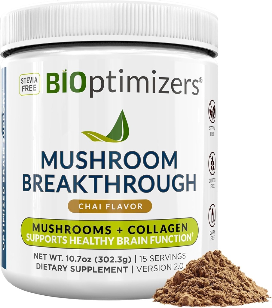 BIOptimizers Mushroom 커피 대안 – Chai 음료 – Lion’s Mane, Chaga, Reishi + 초점, 에너지 및 Gut 건강을위한 교원질 펩티드 – Adaptogenic 버섯 & MCT 분말 – 15 서빙