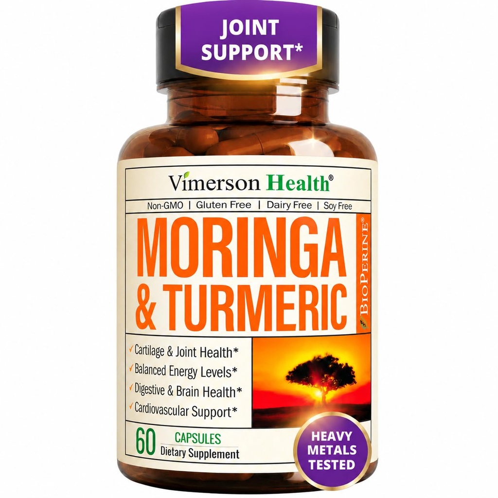 Moringa + Turmeric Curcumin는 합동 건강을 위한 보충교재, Gut 건강, 에너지 및 면역 지원 - 총 웰빙 공식 - 까만 고추 & Moringa 순수한 캡슐을 가진 Tumeric Curcumin - 60 조사