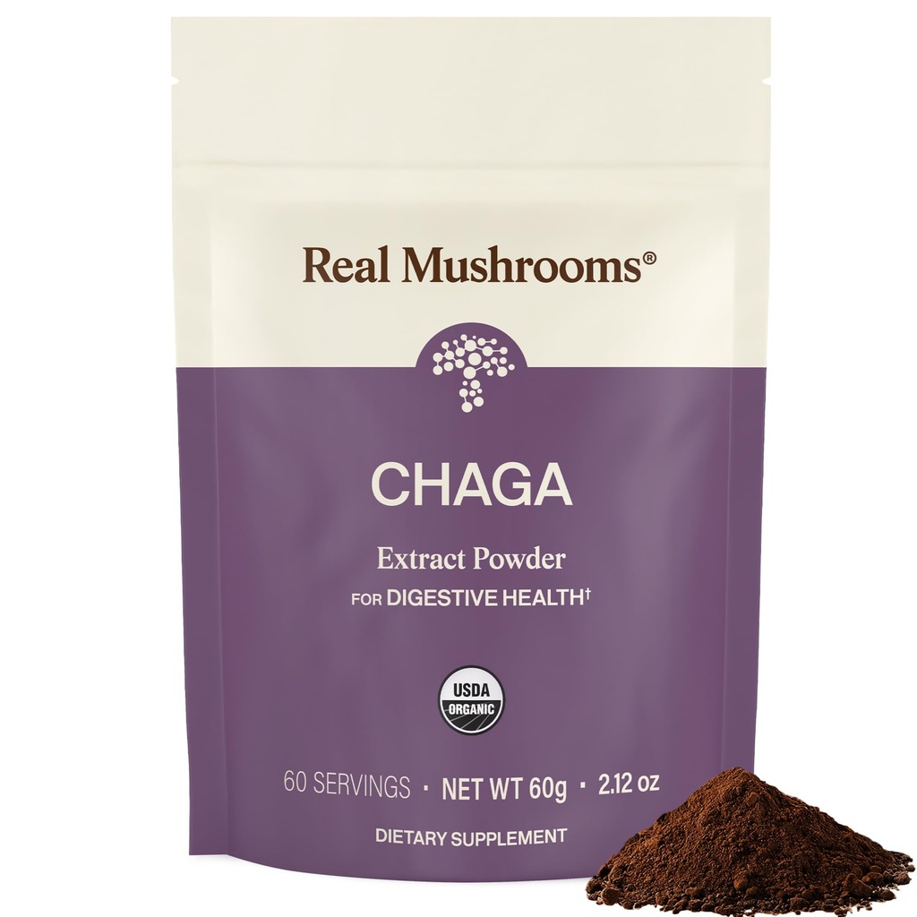 Real Mushrooms Chaga 버섯 분말 – 과일 바디에서 유기 Chaga 추출물 – 매일 웰빙 및 에너지 지원 – Vegan, Non-GMO, 60 서빙 버섯 보충