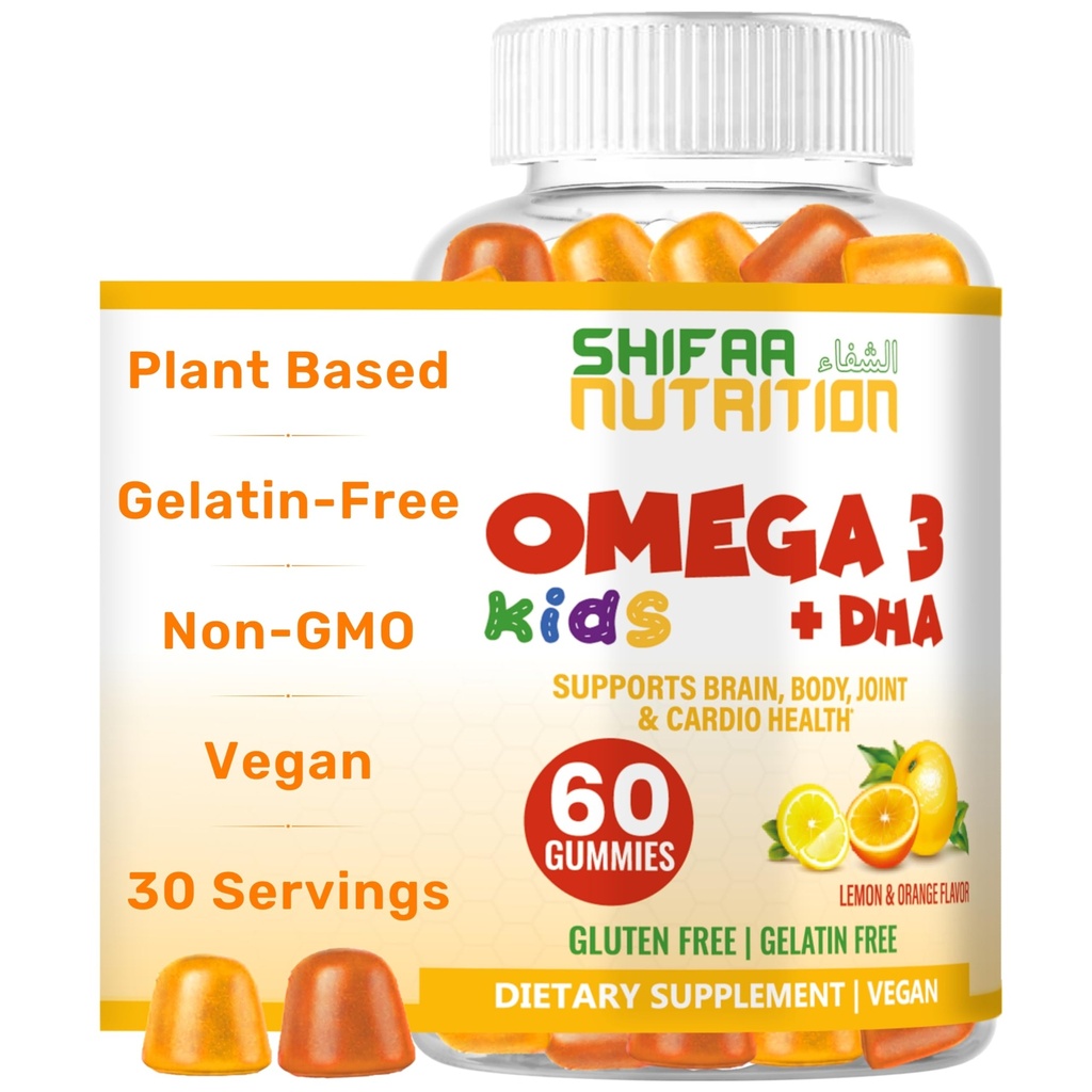 SHIFAA NUTRITION Halal Omega 3 for Kids with DHA Gummies for Brain Development, Heart & Immune Support, Plant-Based, Non-GMO, 조류 기반 DHA, 글루텐 & 젤라틴 프리 키즈 오메가 3 Gummies, 30 서빙