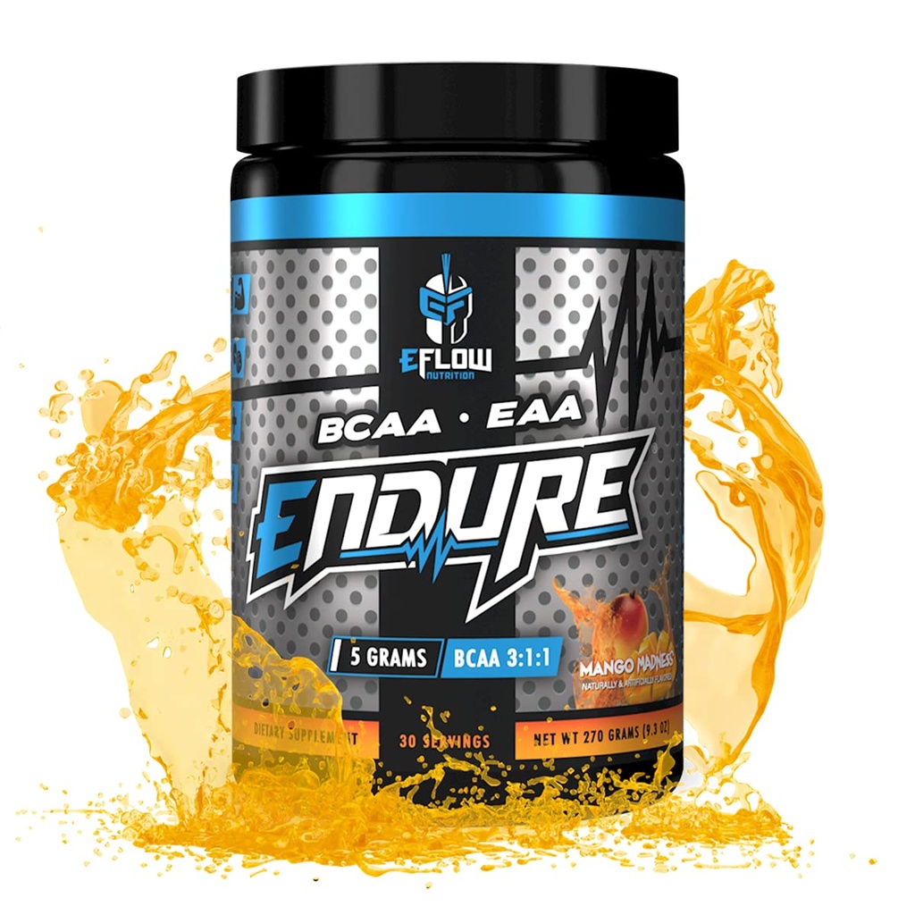 eFlow Nutrition Endure BCAA Plus EAA - Essential Amino Acids Electrolyte Powder Intra Workout - 에너지, 회복 및 성능 향상 - 망고 광기 (30 인분)