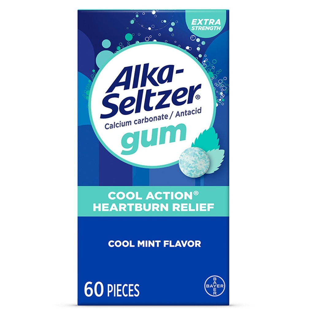 Alka-Seltzer Cool Action Heartburn Relief Gum, Extra Strength Antacid Gum, 산성 Indigestion 및 Upset Stomach Relief, No Chalky Taste, Cool Mint 풍미, 60 카운트
