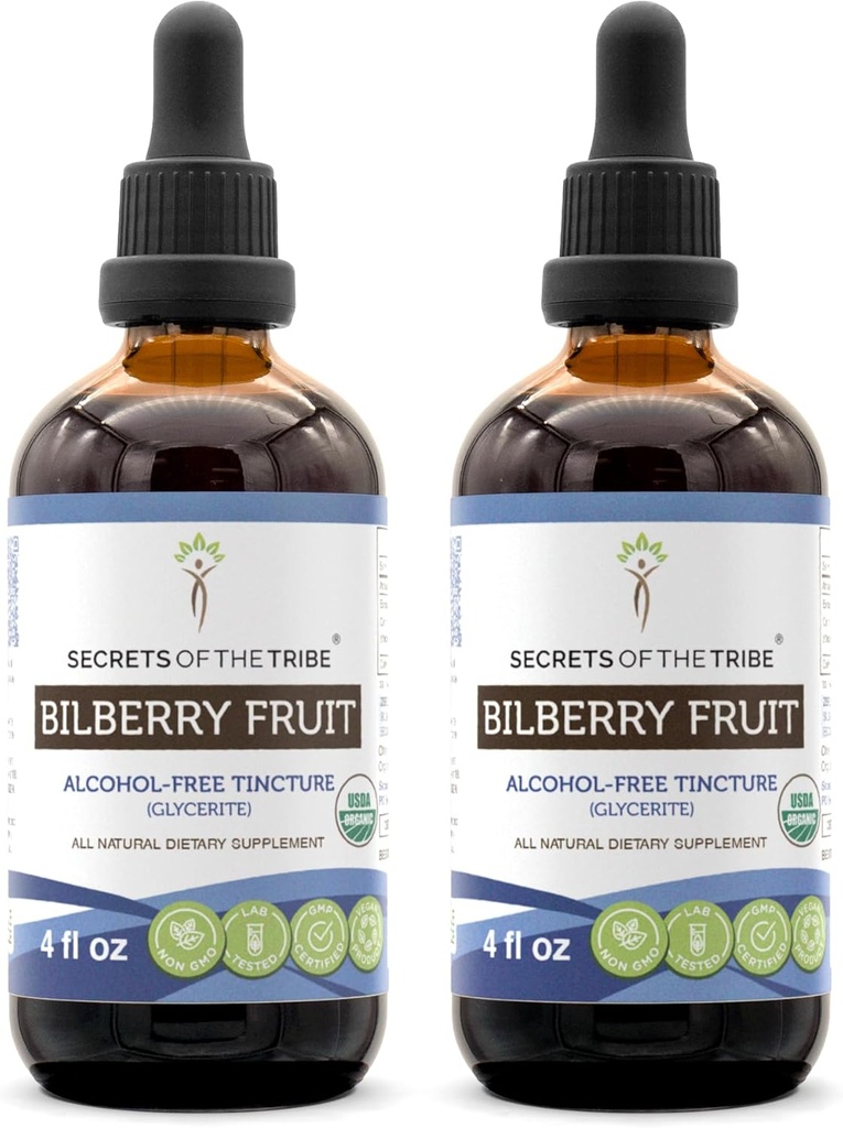 Tribe Bilberry 과일 알코올 무료 액체 추출의 비밀, USDA 유기 Bilberry (Vaccinium Myrtillus) 건조 과일 Tincture 보충 (2x4 FL OZ)
