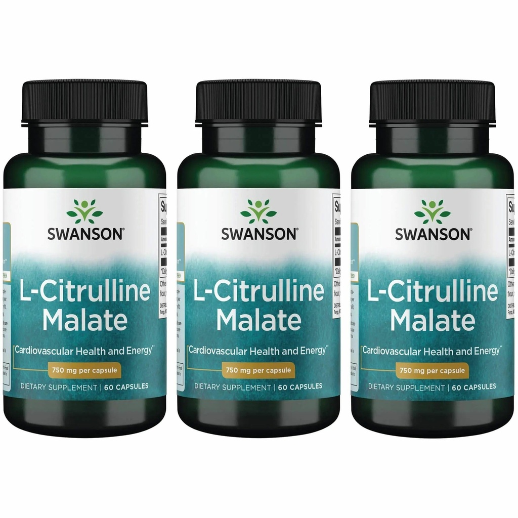 Swanson L-Citrulline Malate - 아미노산 보충 에너지 생산 및 건강한 혈액 순환 촉진 - 자연적인 공식 지원 전반적인 웰빙 - (60의 캡슐, 750mg 각각) (3 팩)