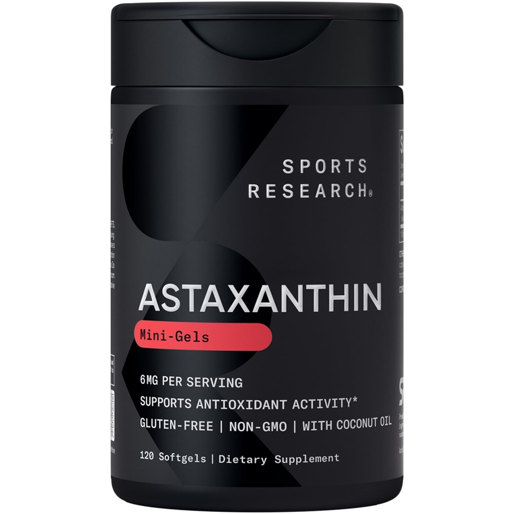Sports Research Triple Strength Astaxanthin Supplement (6mg), 산화 방지제 활동, 피부 및 눈 건강 지원을위한 유기 코코넛 오일 - Non-GMO Verified & Gluten Free - 120 Softgels