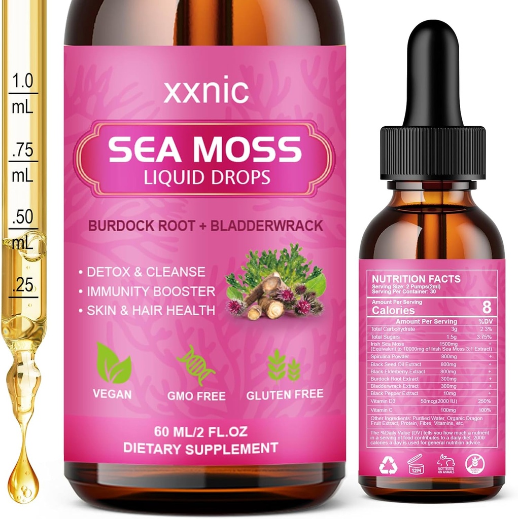 바다 Moss 고급 액체 드롭, 3000mg 유기 바다 Moss 액체 검은 씨앗 오일 & 아일랜드 Seamoss 젤, 원시 바다 Moss 지원 Immunity, 관절, 소화 건강, 60mL-L8