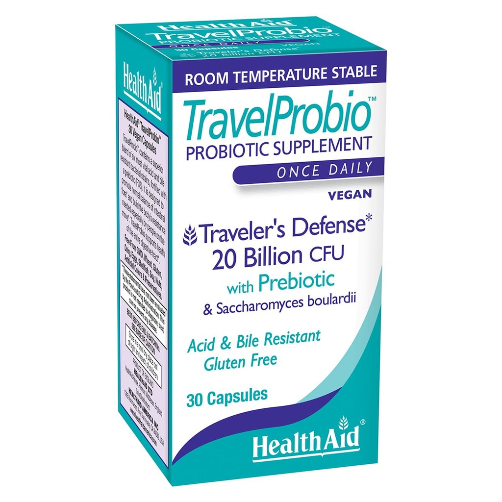 HealthAid TravelProbio 20 억 CFU Probiotic - Saccharomyces boulardii + Prebiotic (FOS), 산 및 Bile-Resistant - 한 번 ‐ 매일 빈곤, 글루텐 ‐ 무료, 룸 ‐ 온도 안정 - 여행 소화 지원