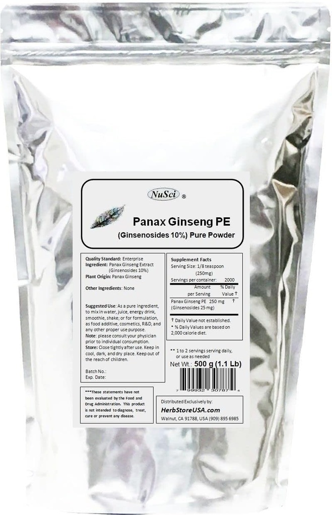 Panax 인삼 추출물 분말, 표준화 된 10 % 인삼, 에너지 및 활력 (500 그램 (1.1 파운드))