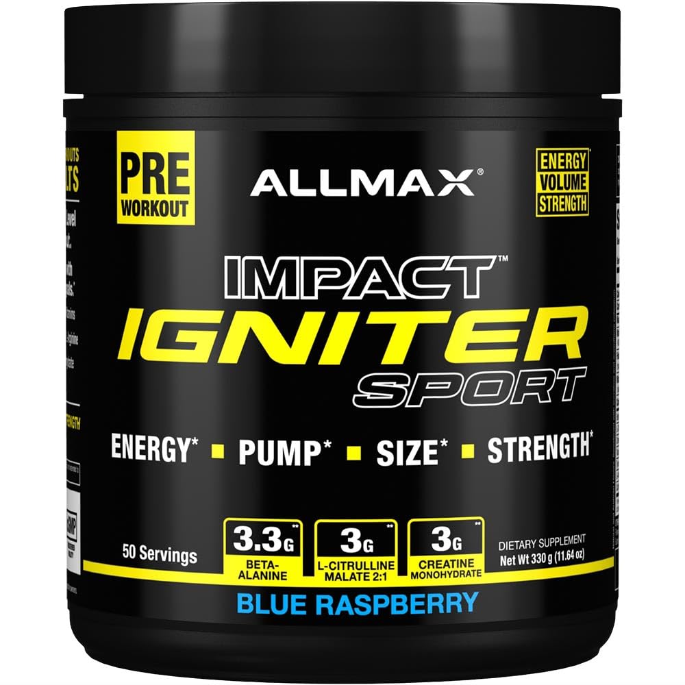 ALLMAX IGNITER 스포츠, 블루 라즈베리 - 330 g - 사전 운동 공식 - Caffeine, L-Citrulline, L-Arginine, Creatine & Beta Alanine - 최대 50 서빙