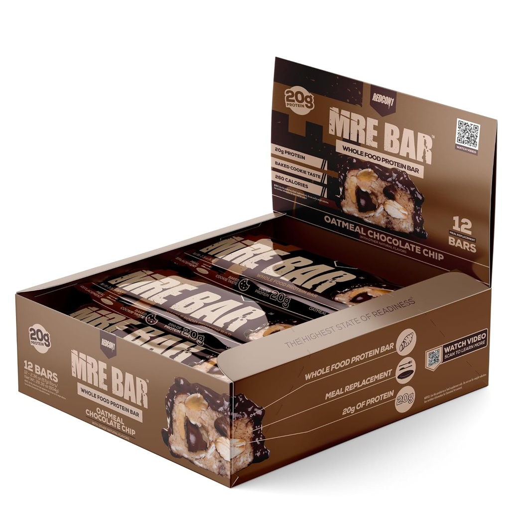 REDCON1 MRE Protein Bar, Oatmeal Chocolate Chip - MCT Oil + 20g of Whole Food Protein - 쉽게 소화 가능, Macro Balanced Low Sugar Meal Replacement Bar (12 Bar)