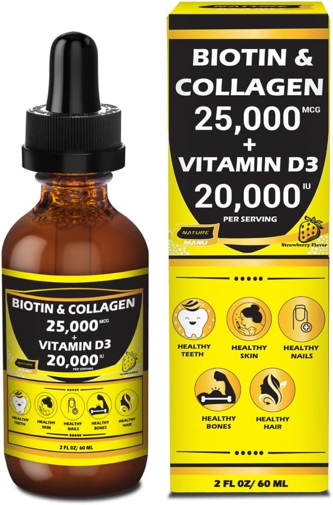 Nature Manu-Premium 25,000mcg 액체 Biotin & Collagen+20,000iu 비타민 D3 All-in-one Wellness Daily Drops. 지원 건강한 피부, 더 강한 손톱, 머리 성장. 맛있는 딸기 맛 - 2 FL OZ / 60 ML