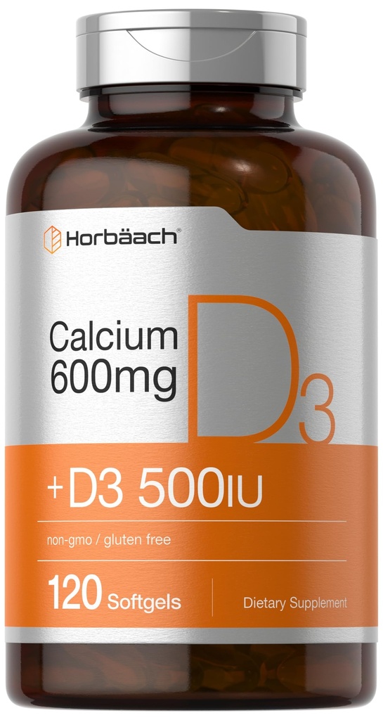 Horbäach 칼슘 보충 비타민 D3 | 600 mg | 120 Softgel | Non-GMO & Gluten Free | 남성 및 여성용
